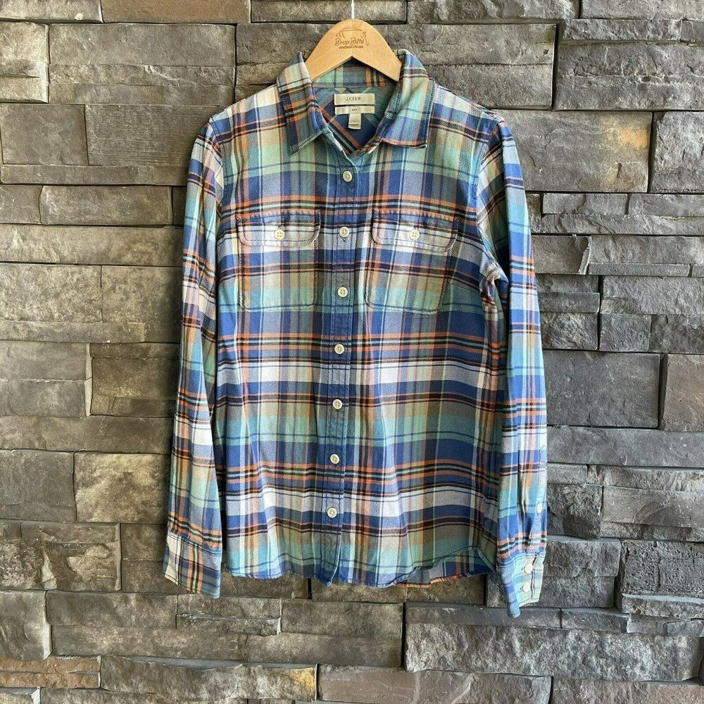 J Crew Boy Shirt Long Sleeve Button Up Plaid Cotton Blue Orange Size‎ 2 Womens